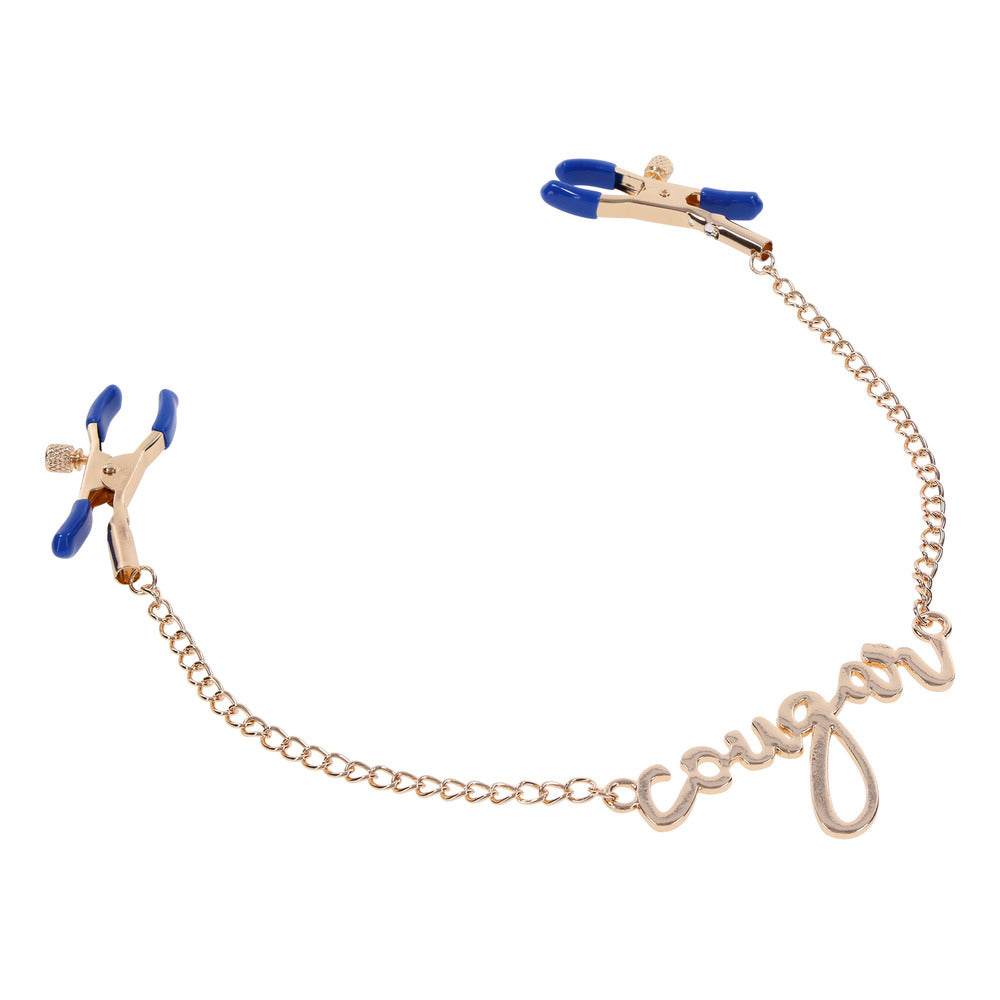 Sportsheets cougar nipple clamps in a metallic finish for playful sensual exploration.