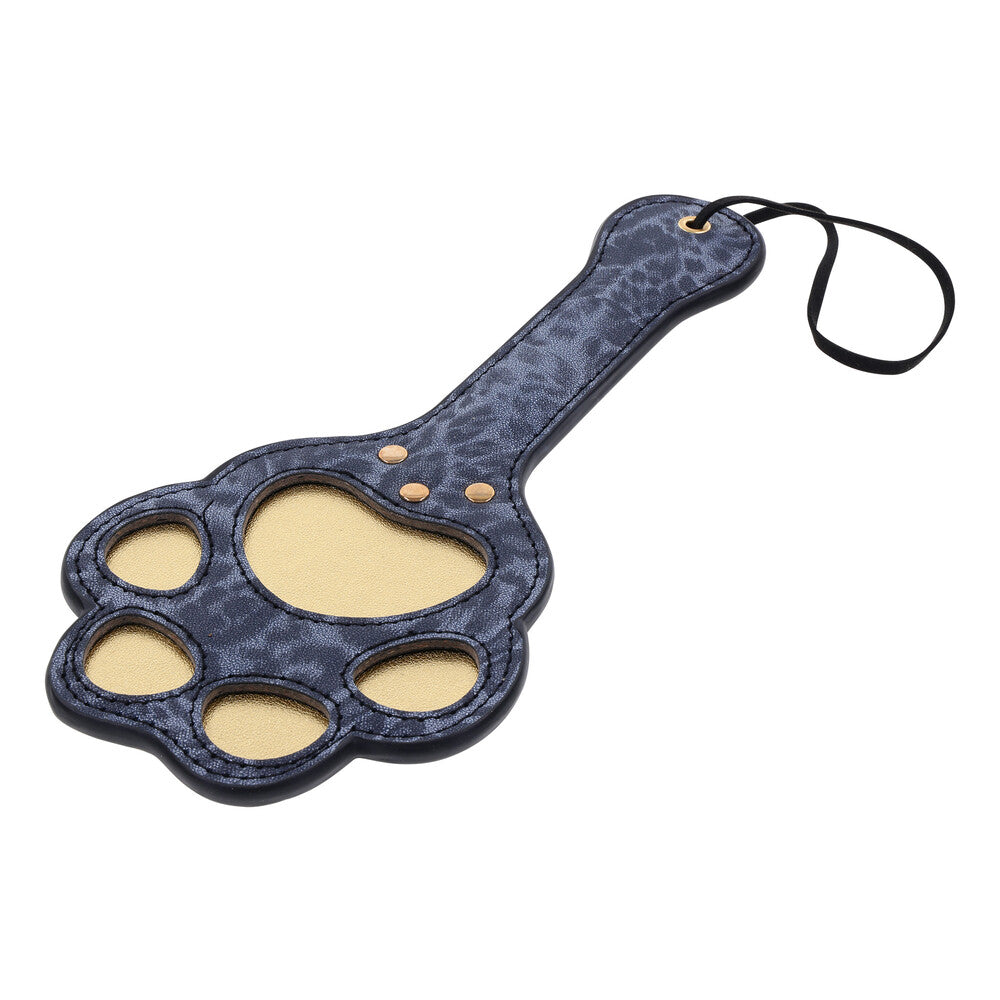 Sportsheets paw paddle in shiny black for playful smacking games, made of a wipe-clean material.