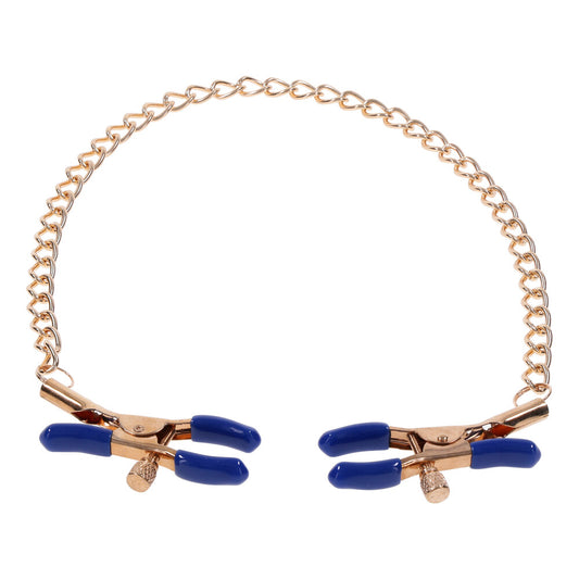 Sportsheets cougar nipple clamps, chained for a touch of playful dominance, metallic finish.