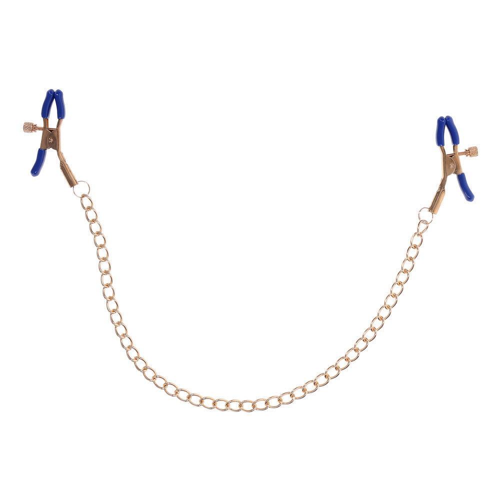 Close-up of Sportsheets cougar nipple clamps featuring small chains and a sleek finish.