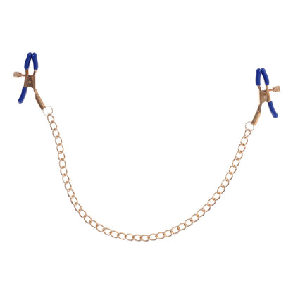 Close-up of Sportsheets cougar nipple clamps featuring small chains and a sleek finish.