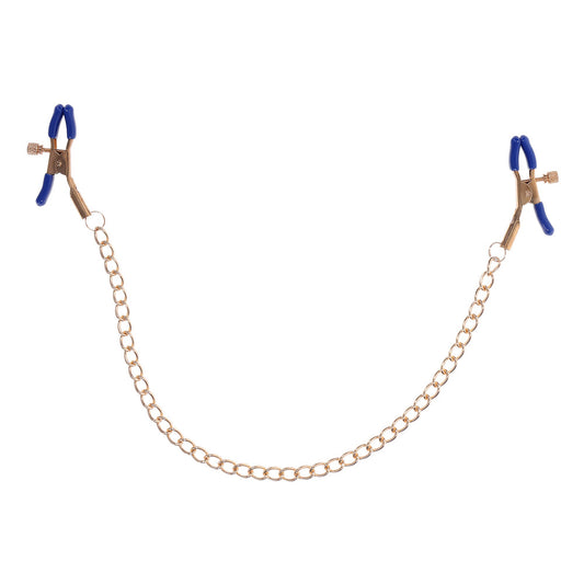 Close-up of Sportsheets cougar nipple clamps featuring small chains and a sleek finish.