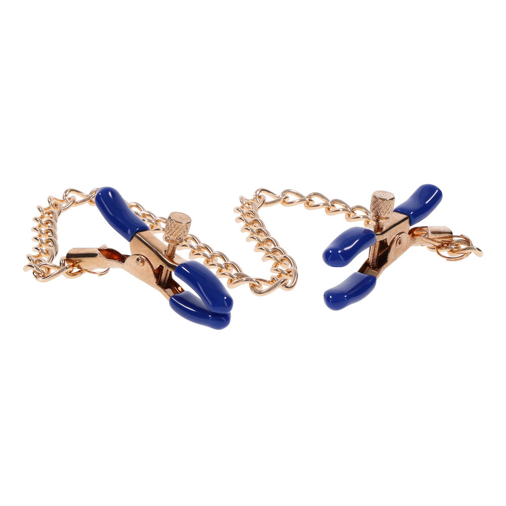 Sportsheets cougar nipple clamps, chained together. Metal construction, with a tactile, playful design.