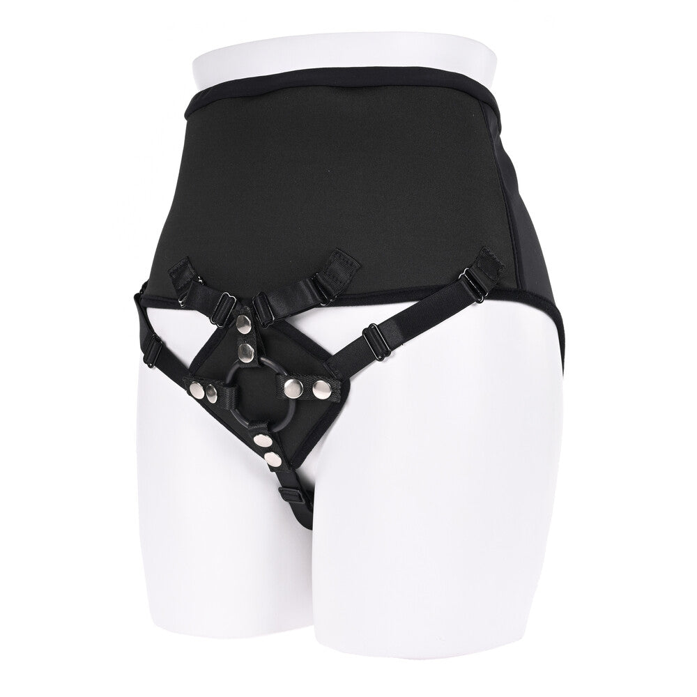 Sportsheets high-waisted black corset strap-on harness with adjustable straps for a secure fit.