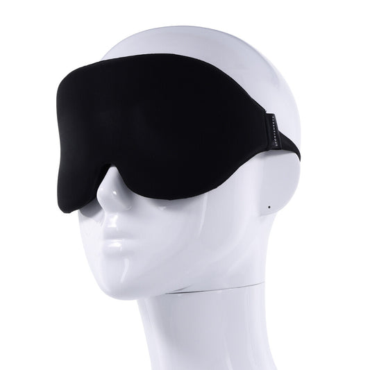 Sportsheets blackout blindfold in black, made of soft fabric, designed for sleep or roleplay.