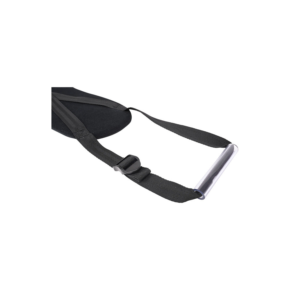 sportsheets pivot deluxe strap restraint: black nylon webbing with metal adjustment buckles.