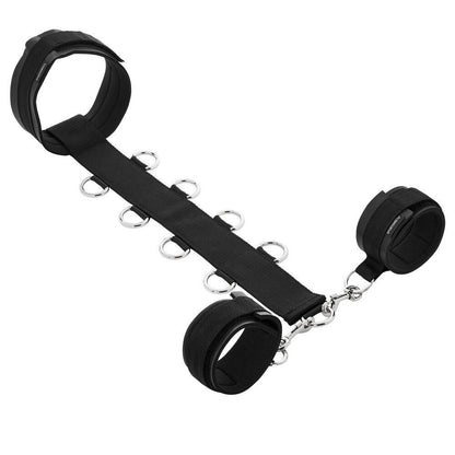 Sportsheets neck and wrist restraints, black nylon straps with metal o-rings for secure bondage play.