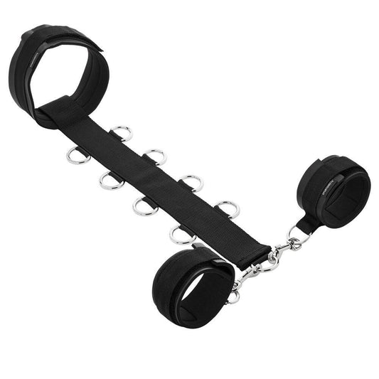 Sportsheets neck and wrist restraints, black nylon straps with metal o-rings for secure bondage play.