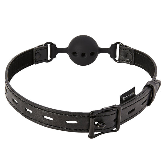 Saffron-coloured breathable ball gag from Sportsheets, used for breath play and restraint.