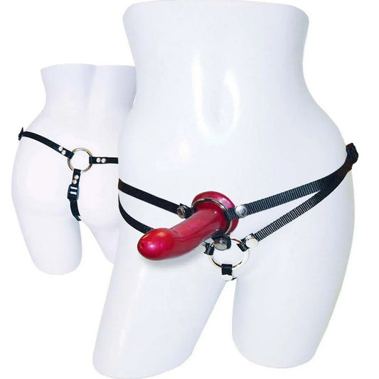Sportsheets double dildo harness, ideal for strap-on fun, in black with silver fixings.