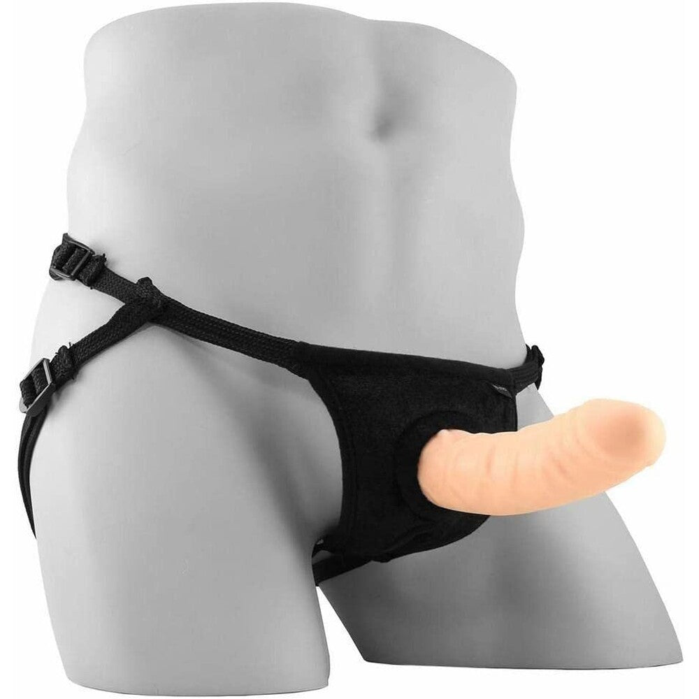 Sportsheets wishbone hollow strap on attachment, for couples, shows its straps and hollow core.