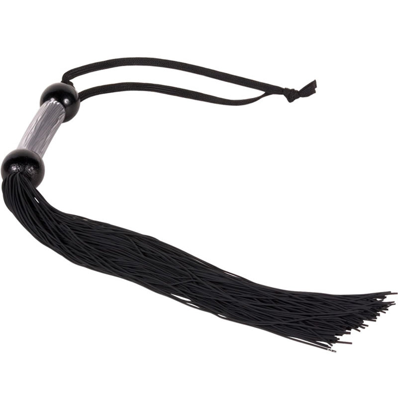 Sportsheets large black rubber whip, textured handle for a firm and pleasurable grip.
