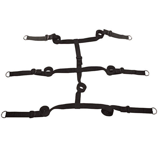 Sportsheets edge extreme under the bed restraints, black nylon straps with metal buckles, used for bedroom play.