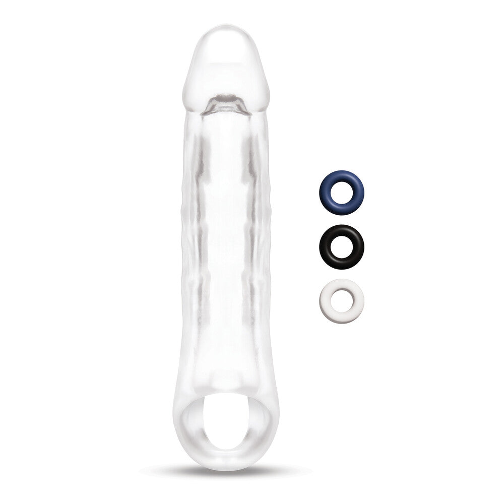 clear plastic penis extender designed to add approximately two inches in length