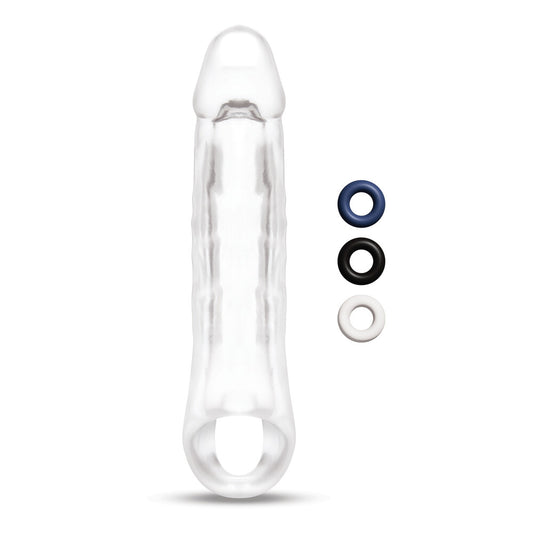 clear plastic penis extender designed to add approximately two inches in length