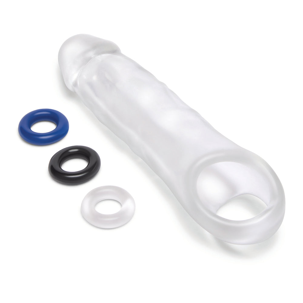 Clear plastic penis extender, adds two inches to your length, for discreet enhancement.