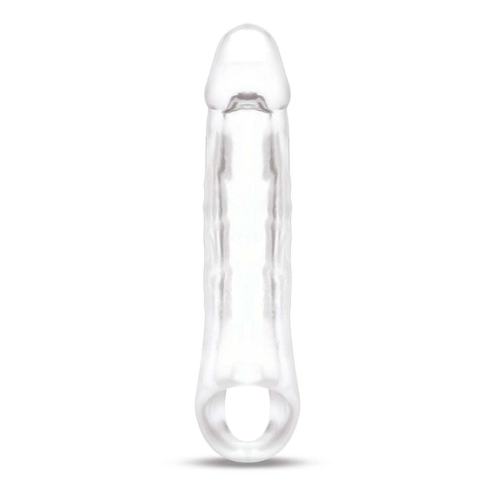 Clear plastic size up penis extender, adds two inches, for enhanced pleasure.