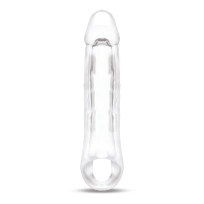 Clear plastic size up penis extender, adds two inches, for enhanced pleasure.