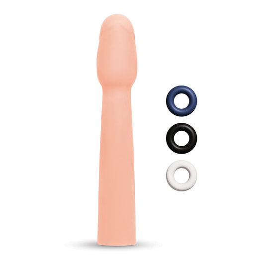 Size Up penis extender, clear plastic, showing its design for extra length.