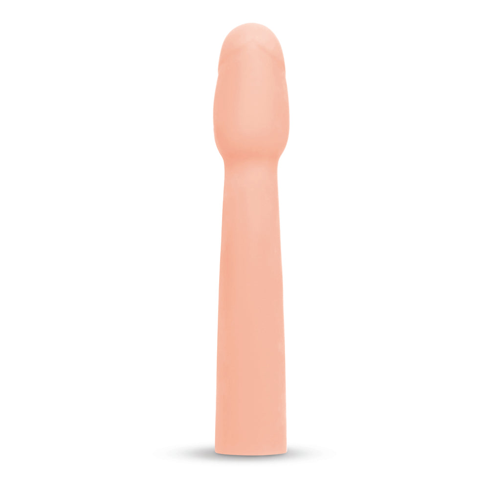 Close-up of a flesh-toned penis extender, adding two inches in length, for enlargement.