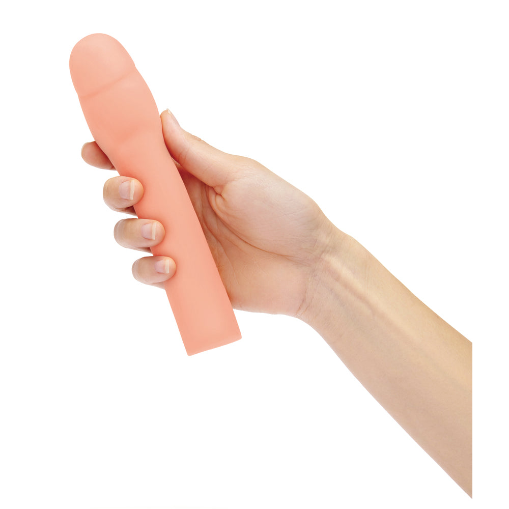 size up penis extender, transparent with ribbed texture for enhanced pleasure, adds extra length.