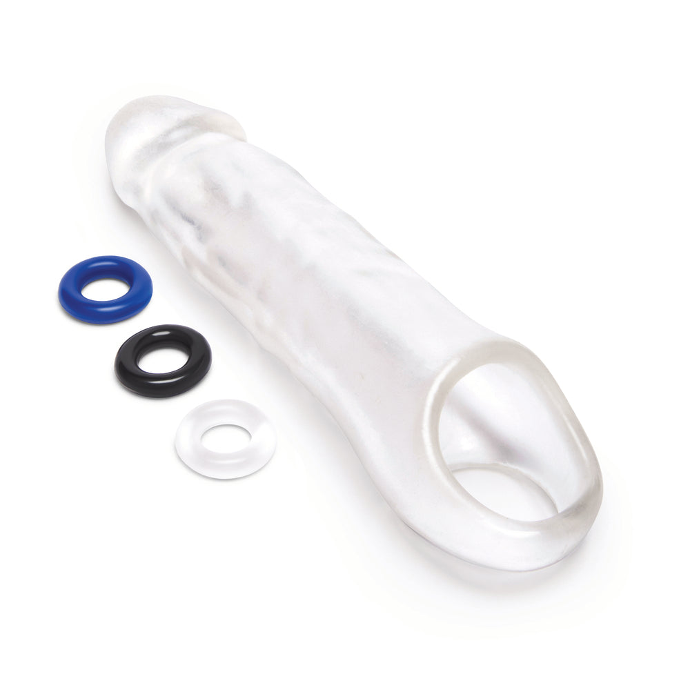 Clear plastic size up penis extender, adds around 3 inches to length for improved intimacy.