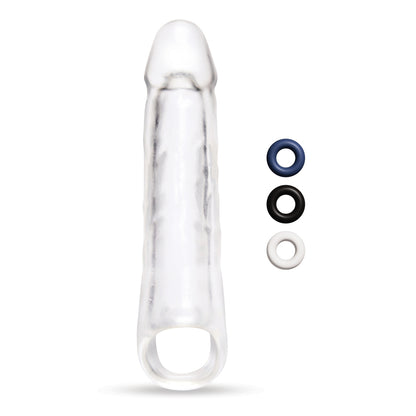clear plastic penis extender from size up, adding 3 inches to length.
