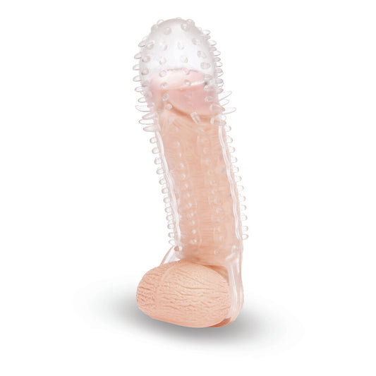 Clear textured plastic penis extender by Size Up, measuring one and a half inches.