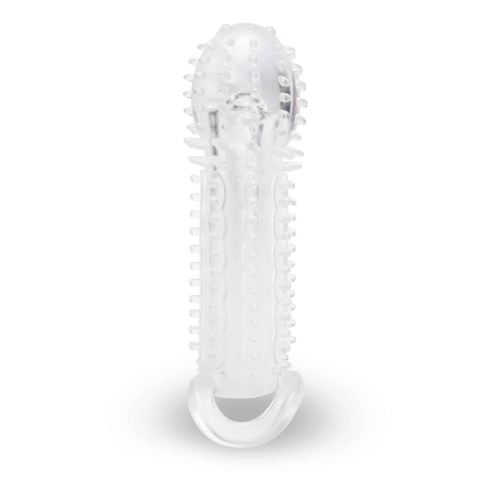 Clear, textured 1.5 inch penis extender, designed to increase size and enhance fit.