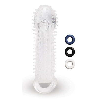 Close-up of a clear, textured 1.5 inch penis extender, a Size Up accessory for discreet use.