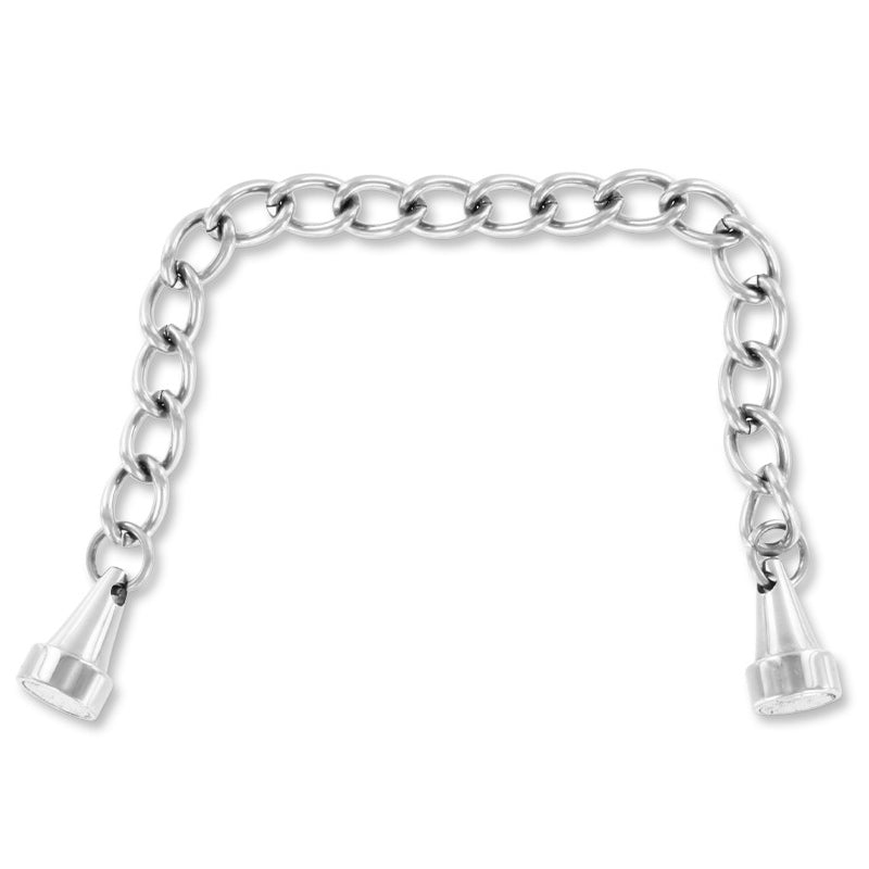 Close-up of a brushed steel mini magnetic nipple pincher, for intense sensual play.