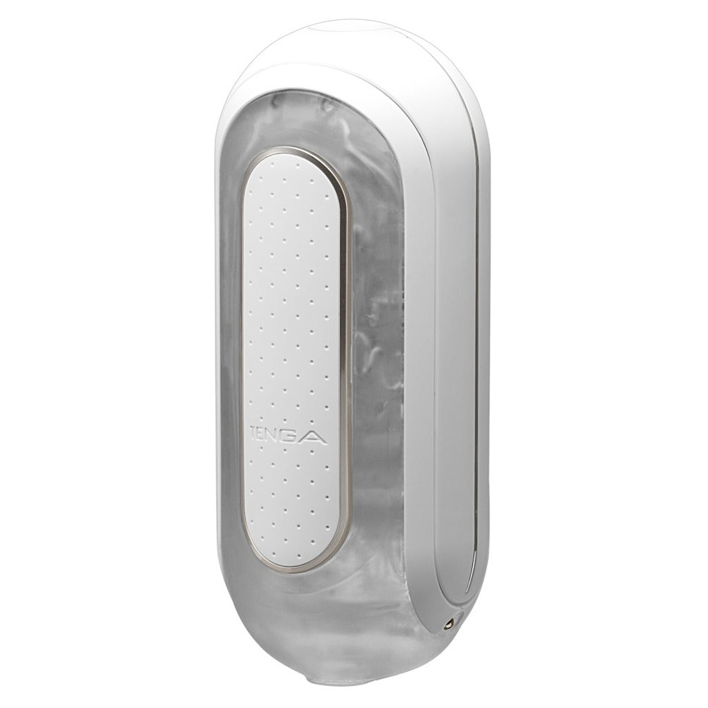 The Tenga Flip 0 Zero vibrating masturbator, showing its textured, black and silver design.