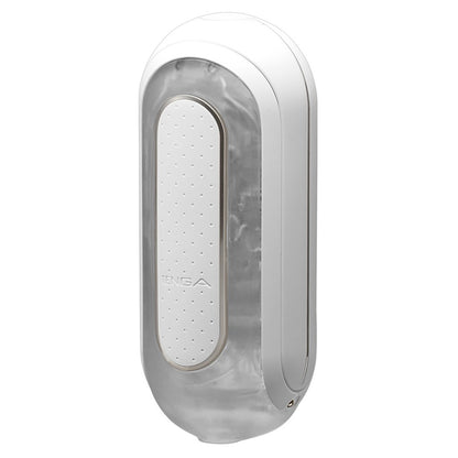 The Tenga Flip 0 Zero vibrating masturbator, showing its textured, black and silver design.