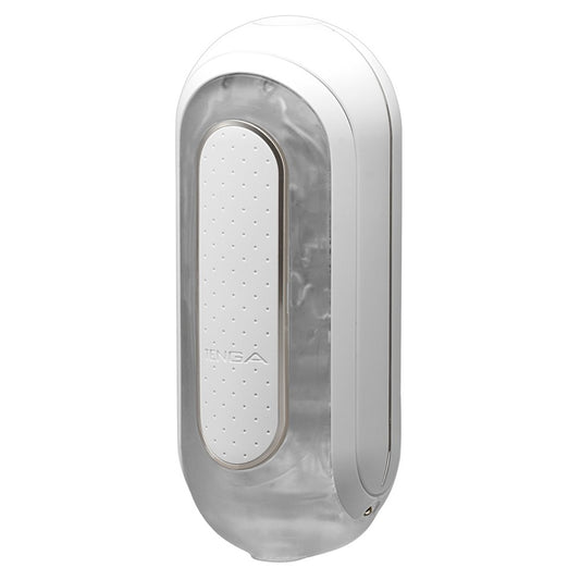 The Tenga Flip 0 Zero vibrating masturbator, showing its textured, black and silver design.