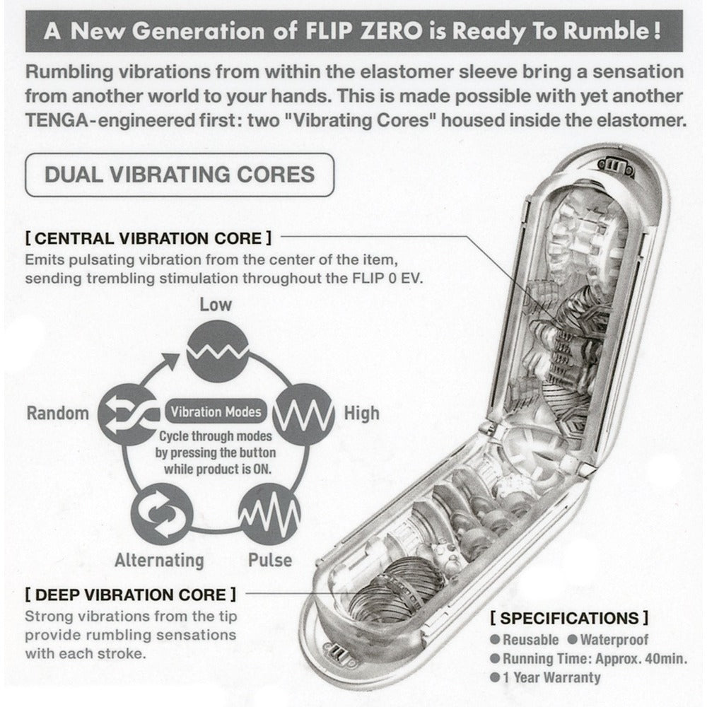 The Tenga Flip 0 Zero vibrating masturbator, a sleek and modern male pleasure device.