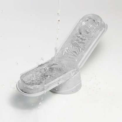 Close-up of the tenga flip 0 zero masturbator, showing its textured interior and sleek design.