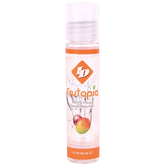 A small, mango-coloured bottle of flavoured personal lubricant by id lube.