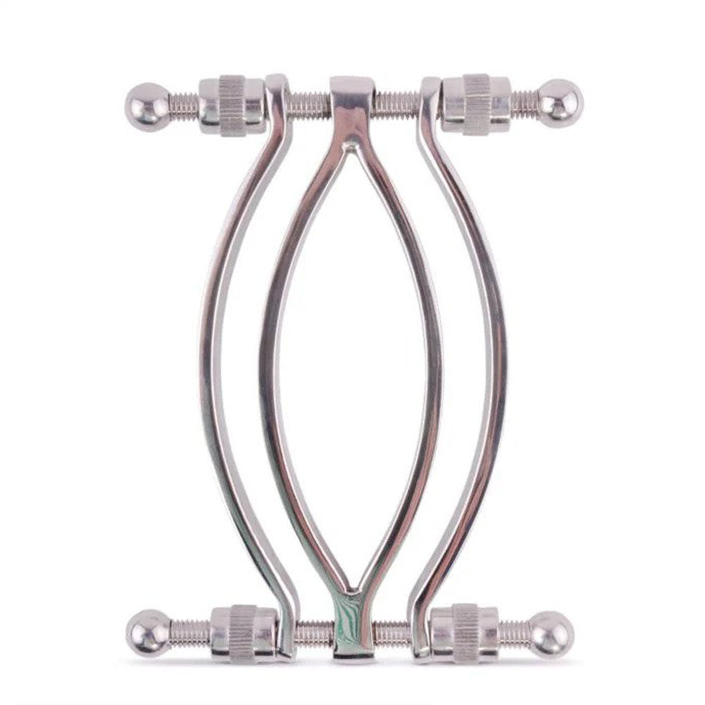 shots toys stainless steel pussy clamp, a medical instrument with a polished finish.