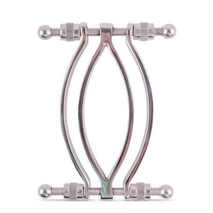 shots toys stainless steel pussy clamp, a medical instrument with a polished finish.