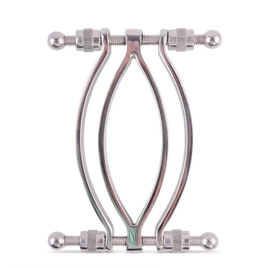 shots toys stainless steel pussy clamp, a medical instrument with a polished finish.