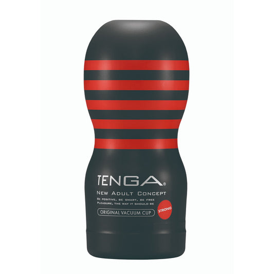 Tenga original vacuum cup strong masturbator, grey and black textured personal pleasure device.