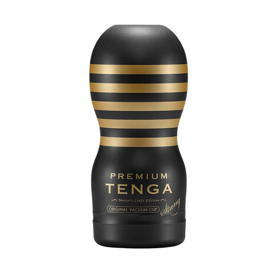 Tenga premium original vacuum cup strong masturbator, dark grey with a textured exterior.