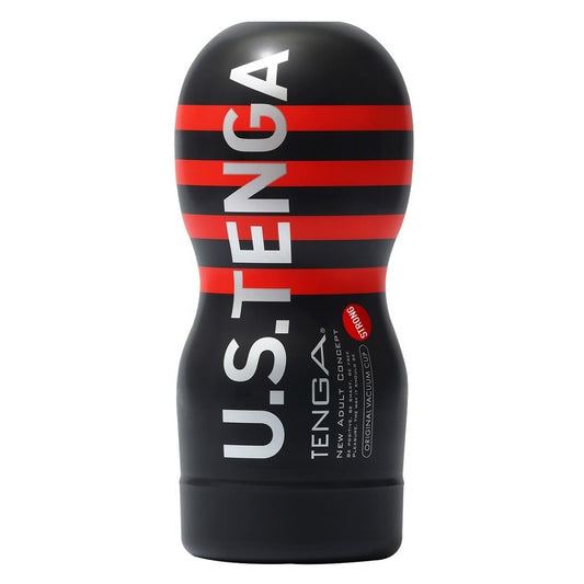 The Tenga US Vacuum Strong masturbator in a dark grey, smooth finish with vacuum assist.
