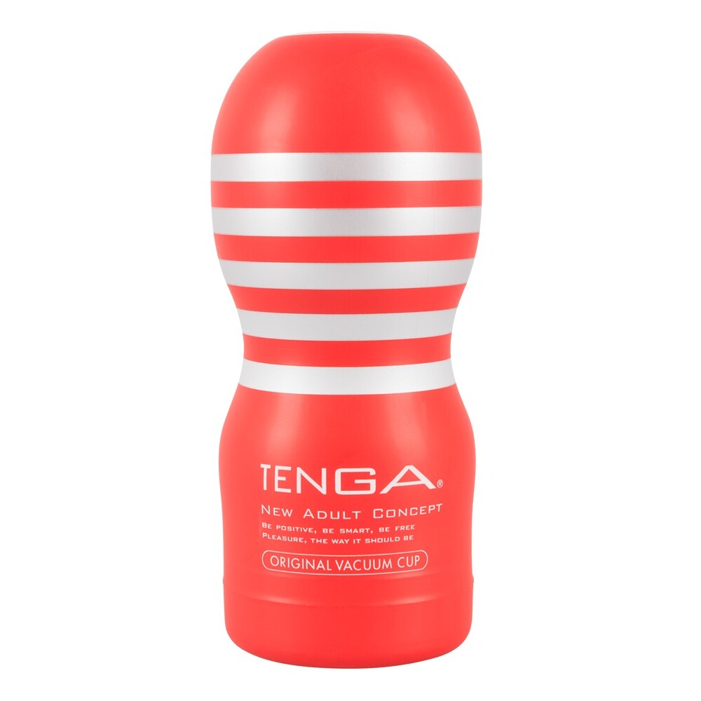 The tenga original vacuum cup masturbator, a textured pleasure device in a sleek grey finish.