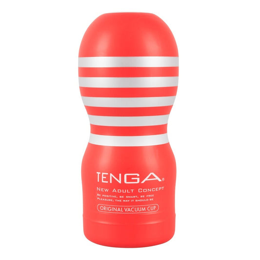 The tenga original vacuum cup masturbator, a textured pleasure device in a sleek grey finish.