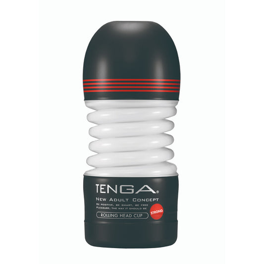 The tenga rolling head strong masturbator, a black and silver personal pleasure device with textured grip.