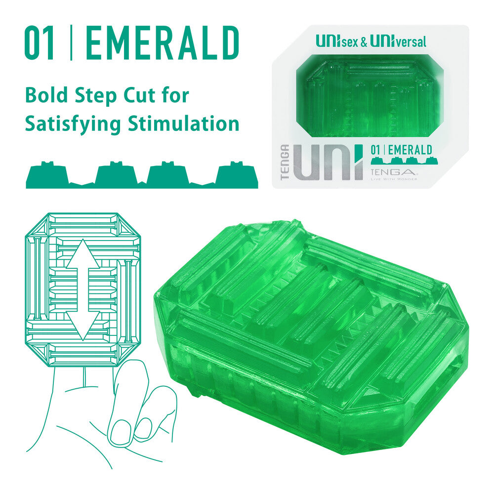 Emerald green Tenga UNI masturbator sleeve, showing its textured interior and soft, flexible material.