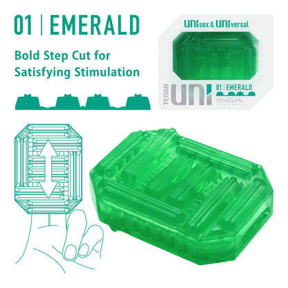 Emerald green Tenga UNI masturbator sleeve, showing its textured interior and soft, flexible material.