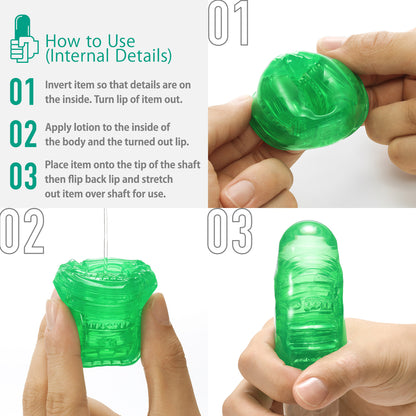Tenga uni emerald sleeve masturbator with a textured, translucent green design, for solo fun.