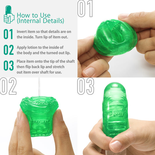 Tenga uni emerald sleeve masturbator with a textured, translucent green design, for solo fun.